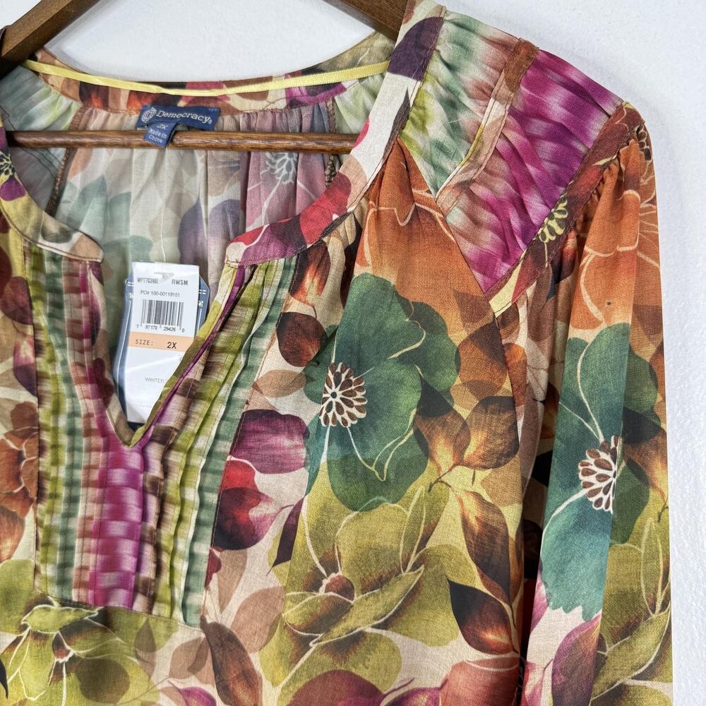 Earth Tones Democracy Top Tunic 2X Plus Floral Crochet Long Sleeve Blouse NEW